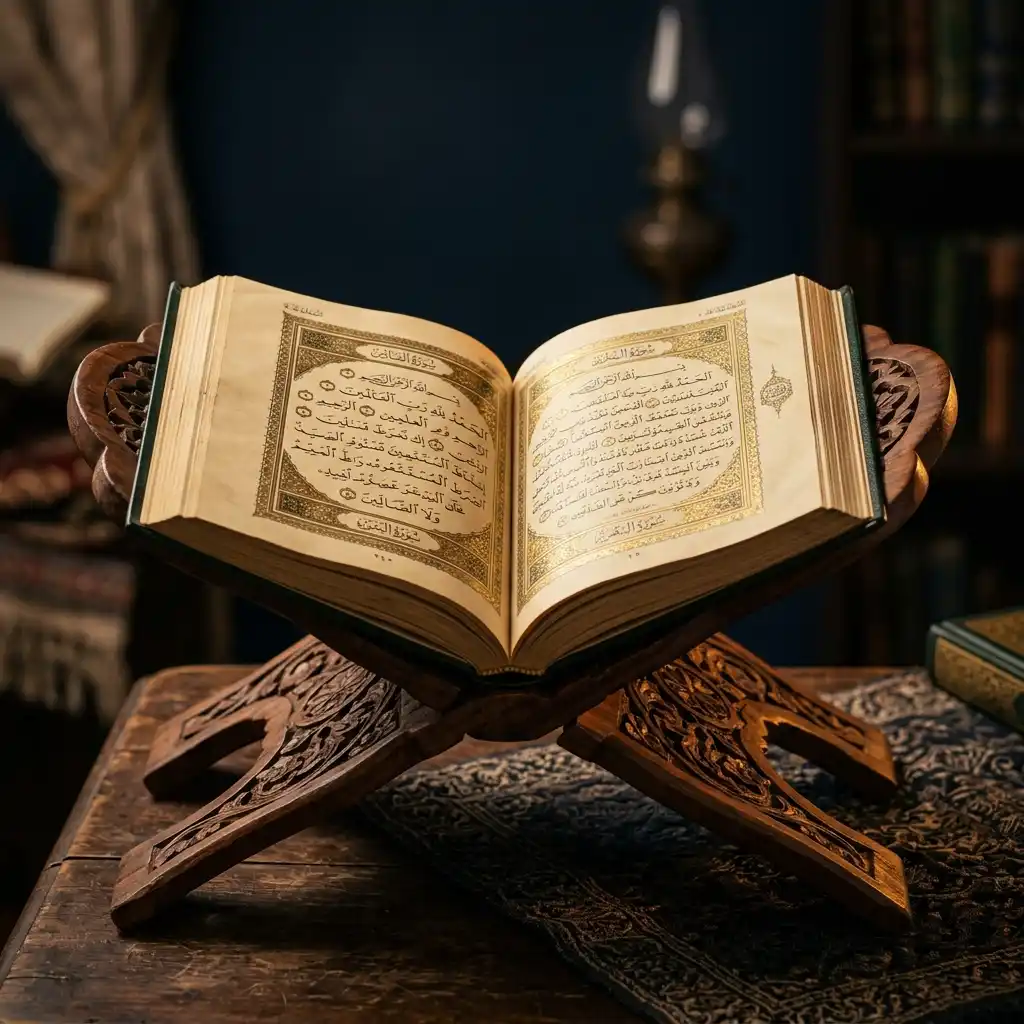 Open Quran on a wooden stand with elegant lighting